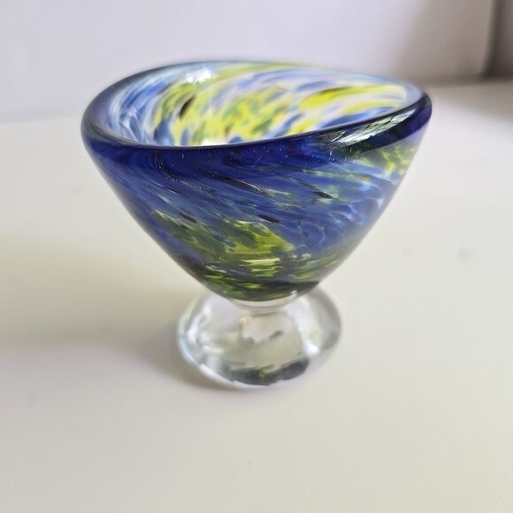 Hand Blown Art Glass Bowl Footed Blue Green Swirl Small 3" - Picture 4 of 9